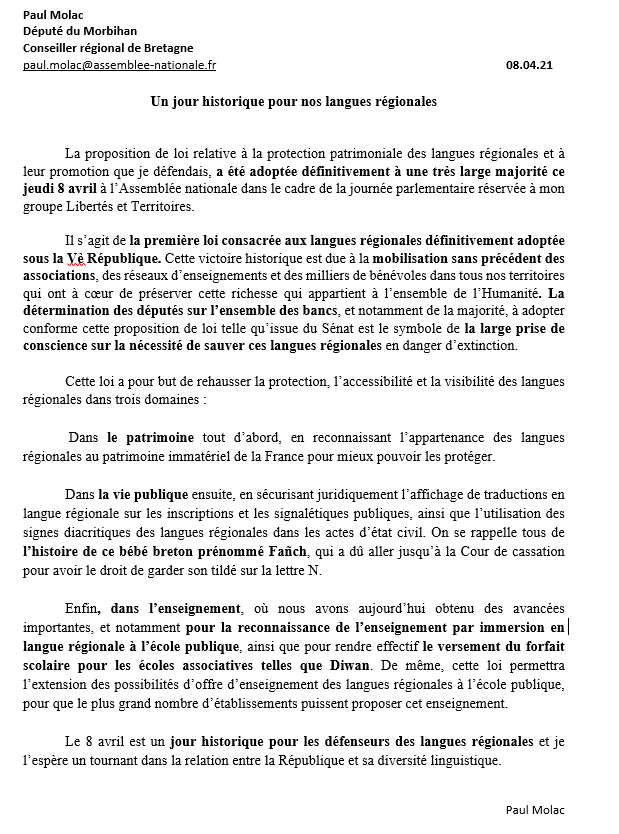 Paul Molac (@paul_molac) on Twitter photo C'est historique : pour la première fois dans l'histoire de la Vè République une loi sur les langues régionales est votée. L'abnégation des associations, des élus locaux et la ténacité des parlementaires a payé. C'est un grand jour pour nos langues cc @GroupeLibTerrAN <a href="/RetPS/">Régions et Peuples solidaires (R&PS)</a> C'est historique : pour la première fois dans l'histoire de la Vè République une loi sur les langues régionales est votée. L'abnégation des associations, des élus locaux et la ténacité des parlementaires a payé. C'est un grand jour pour nos langues cc @GroupeLibTerrAN <a href="/RetPS/">Régions et Peuples solidaires (R&PS)</a>