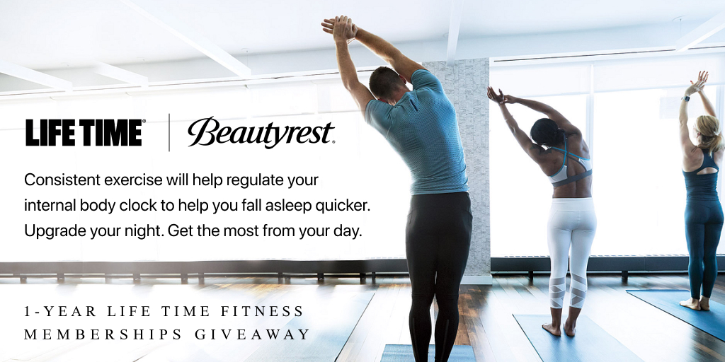 Beautyrest's tweet photo. Many of you still struggle to fall asleep quickly. So, we recommend exercising regularly as it helps prep your body for earlier sleep. #UpgradeYourHealth #SleepFirstClass
Head here: https://t.co/rEDJaLsef6 to enter our giveaway of 8, 1-Year Free @LifeTime_Life gym memberships. https://t.co/SqDHNaYkPK