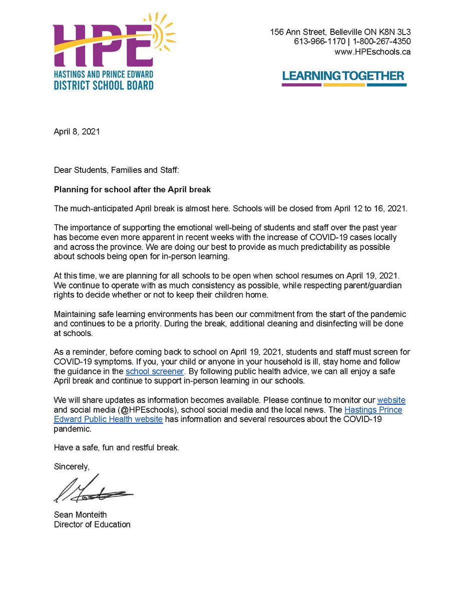 Letter from Director of Education Sean Monteith: Planning for school after the April break. "At this time, we are planning for all schools to be open when school resumes on April 19, 2021."