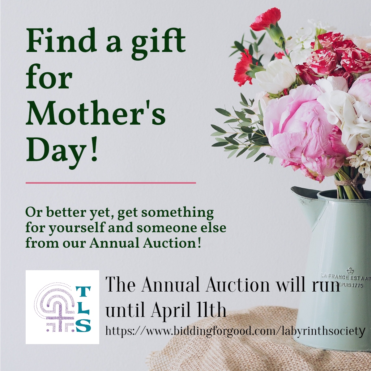 LabyrinthSoc's tweet photo. https://t.co/lKmpCFDaFJ

Looking for the perfect thing to give the person in your life that defines "mom" for you? Maybe yourself? Take a look. The annual auction for TLS might have it!
#fundraiser 
#Labyrinth
#MothersDay2021 https://t.co/8tlkYpLTMR