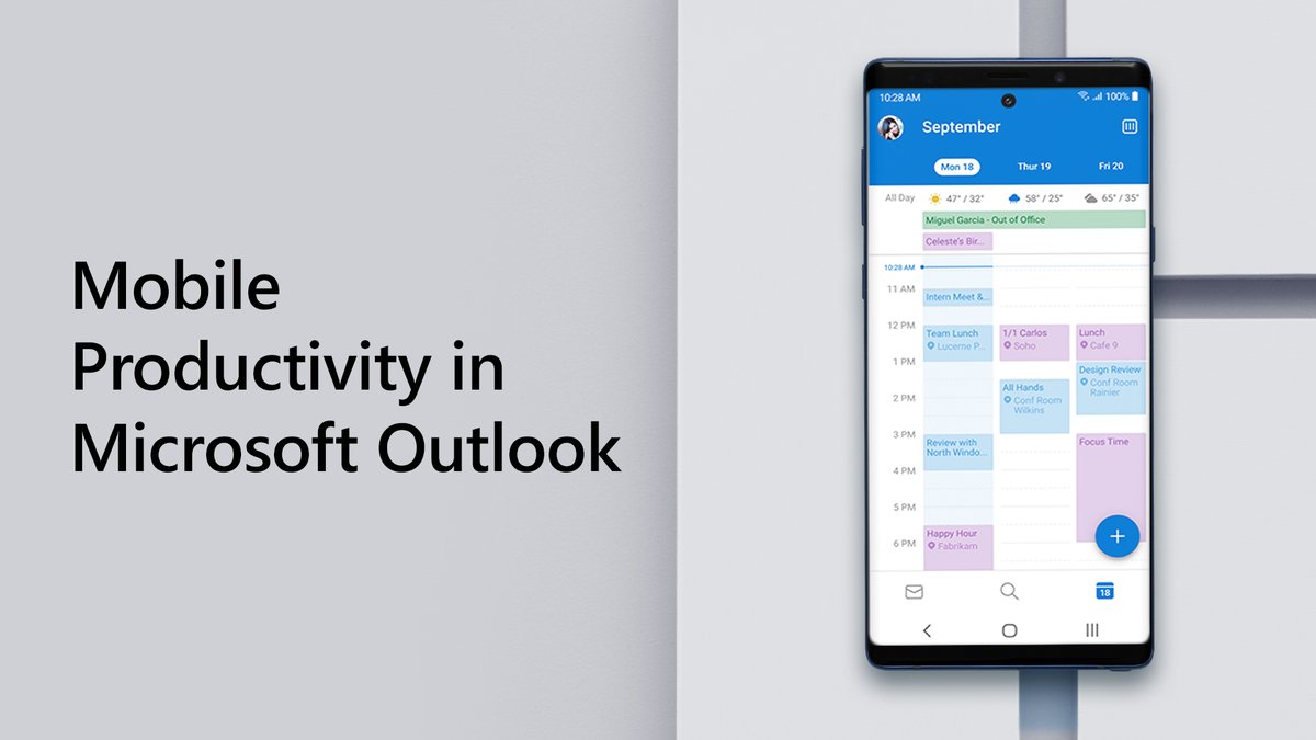 Text reads: "Mobile productivity in Outlook." A phone displaying Outlook.