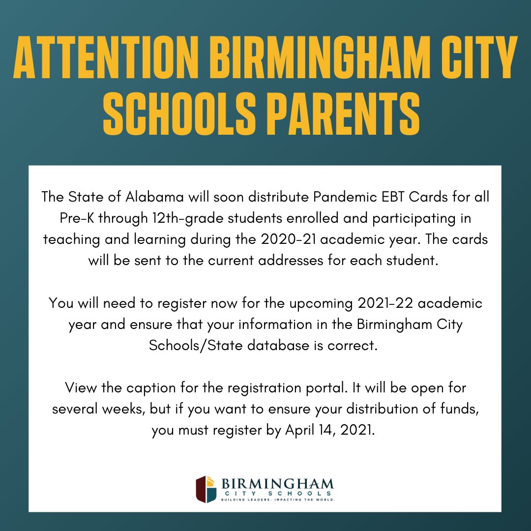 The State of Alabama will distribute Pandemic EBT Cards for all Pre-K - 12th-grade students enrolled &amp; participating in teaching and learning during the 2020-21 academic year. The cards will be sent to the current addresses for each student.  More info: buff.ly/3s2KhBp