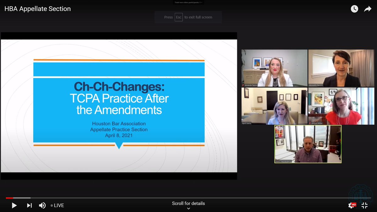 HBA_Appellate's tweet photo. Thank you Justice @farris_april, Allison Miller, and @AGTtexcivapps for a great CLE presentation on "Ch-Ch-Changes: TCPA Practice After the Amendments."

#appellatetwitter https://t.co/dWR4ZZQJ0q