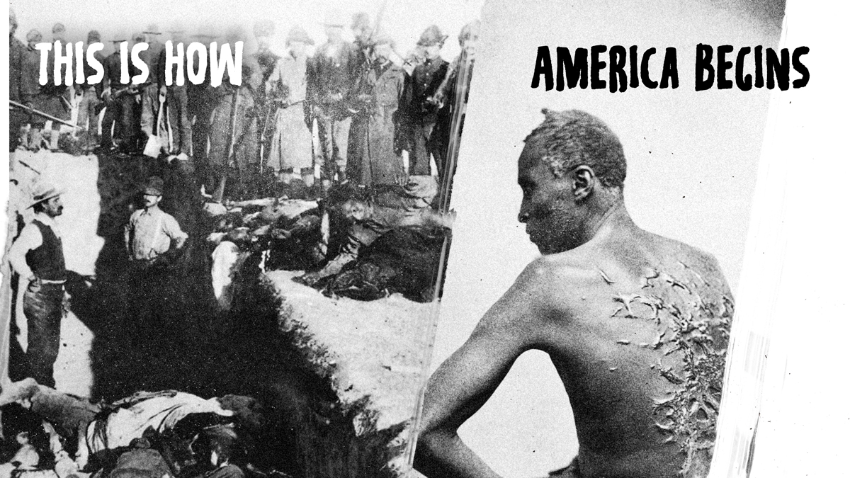 Adbusters's tweet photo. America begins with settler colonialism wiping out the Native populations to make room for white development, chattel slavery fueling capitalist growth through the 1800s, and imperialism enabling the economic exploitation of societies abroad.

https://t.co/c7dx11fi0u 

#Adbusters https://t.co/dIM4mH0agY