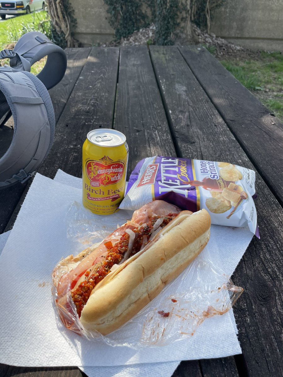 Lunch of champions. It’s kind of scary but everything is telling me now that I’n nearing Philadelphia. The food, the distant hum of traffic. Even my phone. About 30 miles away. Not too keen to leave the countryside behind.