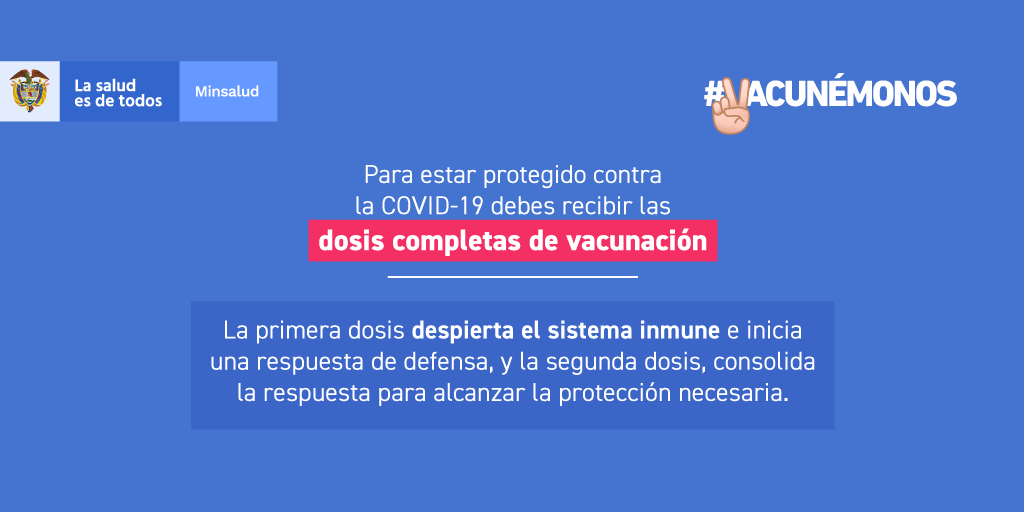 MinSaludCol's tweet photo. Recibir la primera dosis de la vacuna contra la COVID-19 no te hace inmune, es estrictamente necesaria la segunda dosis para completar el esquema de protección. ¡#NoTeQuedesAMedias! 

✌️#Vacunémonos y #VolvamosAVivir https://t.co/ziamU8nEGh