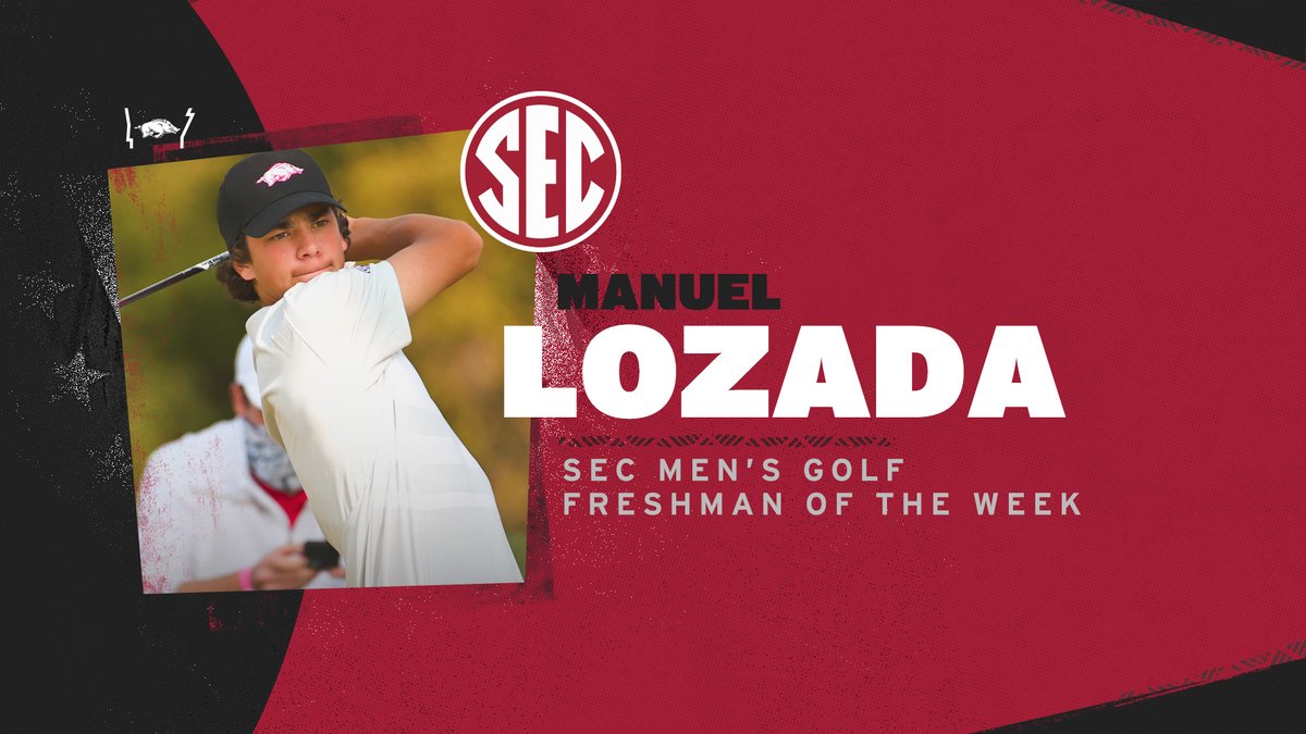 RazorbackMGolf's tweet photo. Congrats to Manuel Lozada on being named the @SEC Men's Golf Freshman of the Week. He is just the 3rd Hog shoat to earn the honor. πβ³οΈ#WPS #ExcelAsOneRazorback
Read More: https://t.co/sDXCXWX91L https://t.co/TBnDJQ5MdS