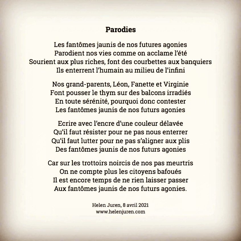 HelenJuren's tweet photo. Parodies
Re-re-confinée jour 20 - écrire un texte par jour
#parodies #textederereconfinement #confinee #confinement #challenge #textedepoesie #poem #poeme #poesiefrançaise #poesie #chanson #motsdepoesie #textedechanson #helenjurenauteure #helenjuren
https://t.co/siXnaoR3Gc https://t.co/ivwSzfDsn3
