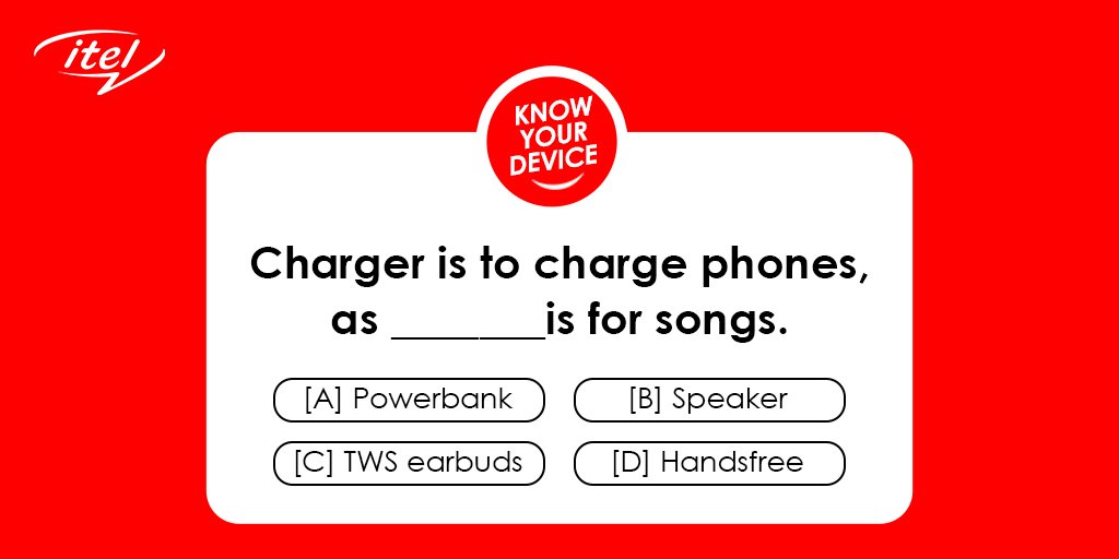itelNigeria's tweet photo. If a charger is to charge phones, then what do we use for songs? 🤔
#KnowYourDevice
#EnjoyBetterLife https://t.co/uZQpqJGCaL