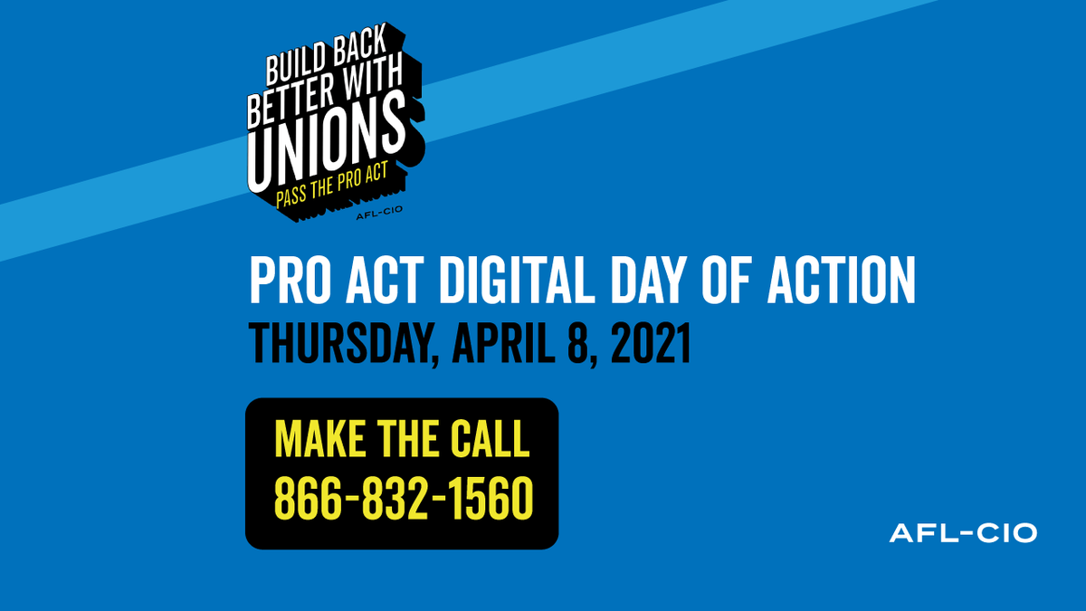 sagaftra's tweet photo. SAG-AFTRA is proud to work with @AFLCIO, unions & workers in today’s #PROAct Day of Action. #PROAct will strengthen the labor movement by protecting workers’ fundamental right to organize and collectively bargain for safer working conditions, job protections & fair pay. Call now! https://t.co/BdZMxqgo53