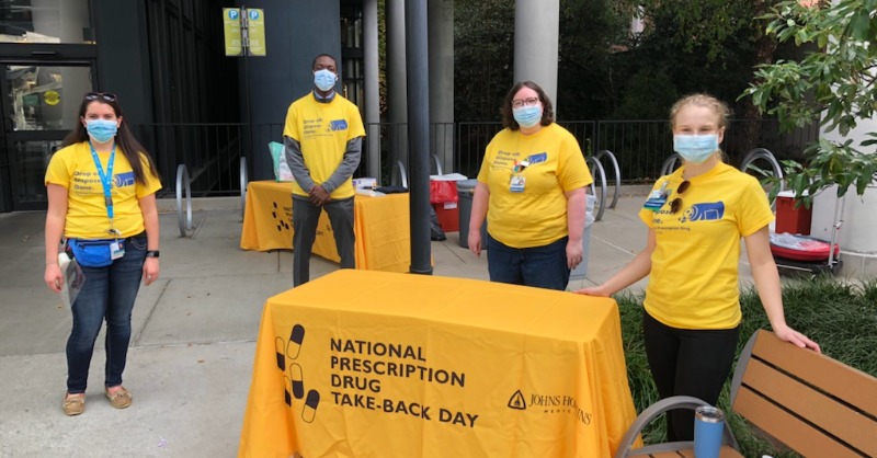 HopkinsMedicine's tweet photo. Join Johns Hopkins in helping to stop the misuse of prescription drugs. Bring your unused or expired medications to our National Prescription Drug Take-Back Day event on Saturday, April 24.  This event is contactless, safe and secure. #JHTakeBack