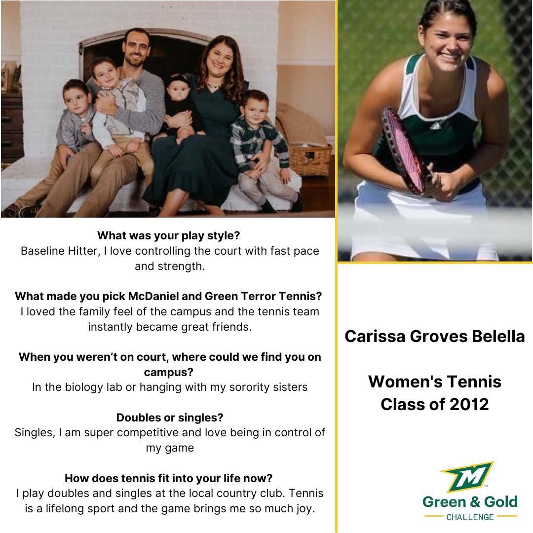 mcdaniel_tennis's tweet photo. ***Alumni Spotlight*** Thanks to Carissa Groves Belella ‘12 for her support of the program! Your backing is highly appreciated! #greenandgoldchallenge #mcdanielcollege #mcdanielsports https://t.co/d8x4JYMIDF