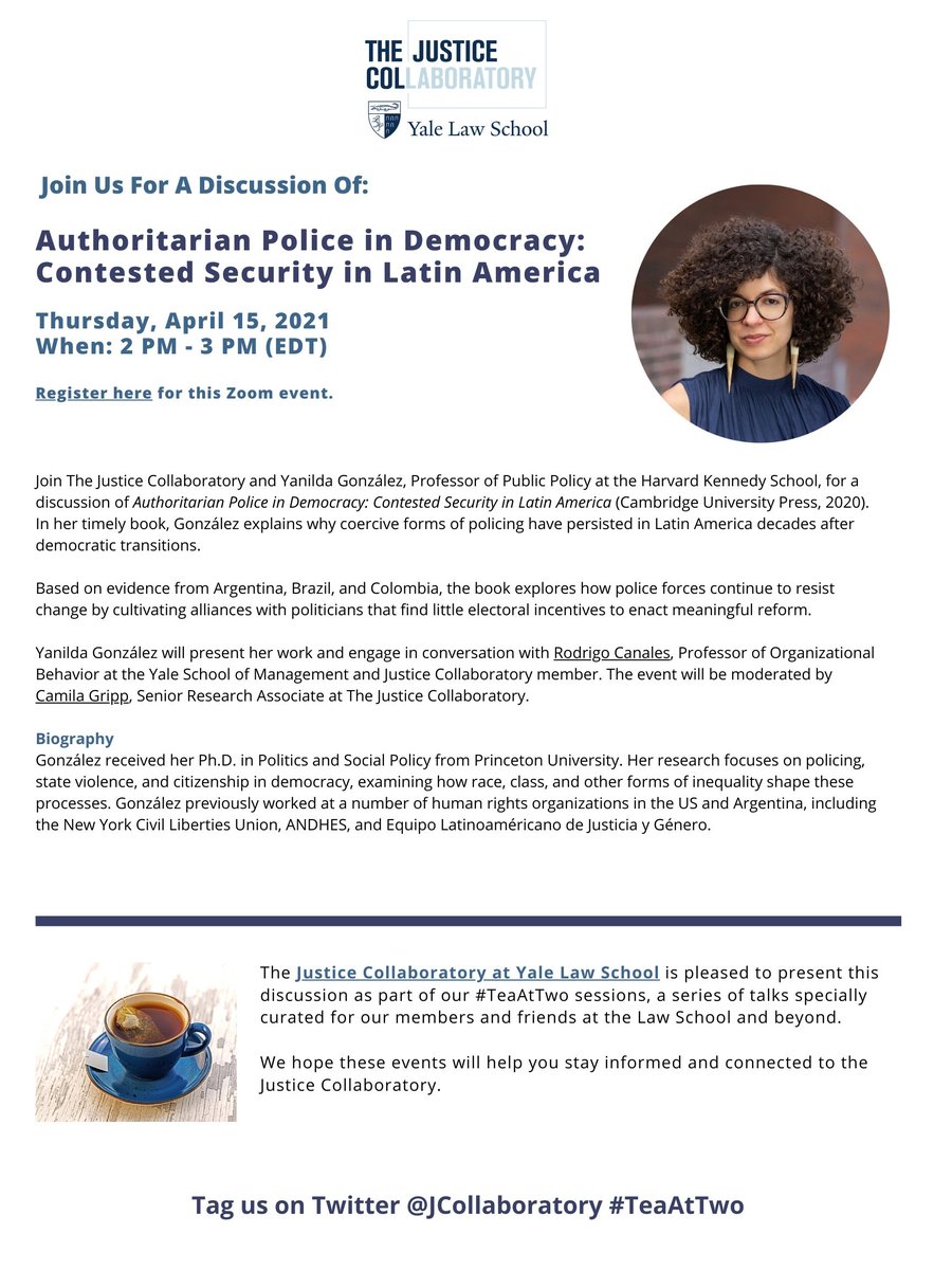JCollaboratory's tweet photo. Why do coercive forms of policing continue to exist in Latin America, even decades after democratic transitions?
Join @che_shani & @CanalesRo next Thursday at 2PM EST as they discuss how authoritarian police maintain power in these regions: https://t.co/1D17S5YLyE
#TeaAtTwo https://t.co/RsqD2EZAHG