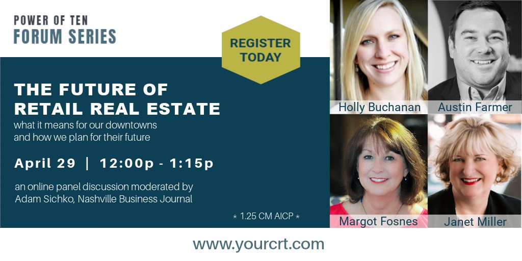 crtomorrow's tweet photo. We are really excited about the great panel who'll be sharing their insights on the state of retail and what it means for our region's downtowns. Register today! https://t.co/Dm5X7abhkj  @TheRetailCoach @Colliers @GrowInRobertson @katzretail @nashvillebiz https://t.co/NWz6aukBWg