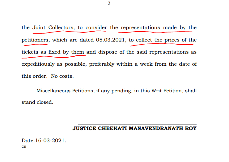 Timeline of Events: March 5 2021: Theater Owners asked Permission for Collectors to Hike PricesNo Action From CollectorsMarch 16 2021: 170 Theater Owners approach HC & HC orders Collectors to consider their Request (Writ Petition 5991 of 2021)2/4