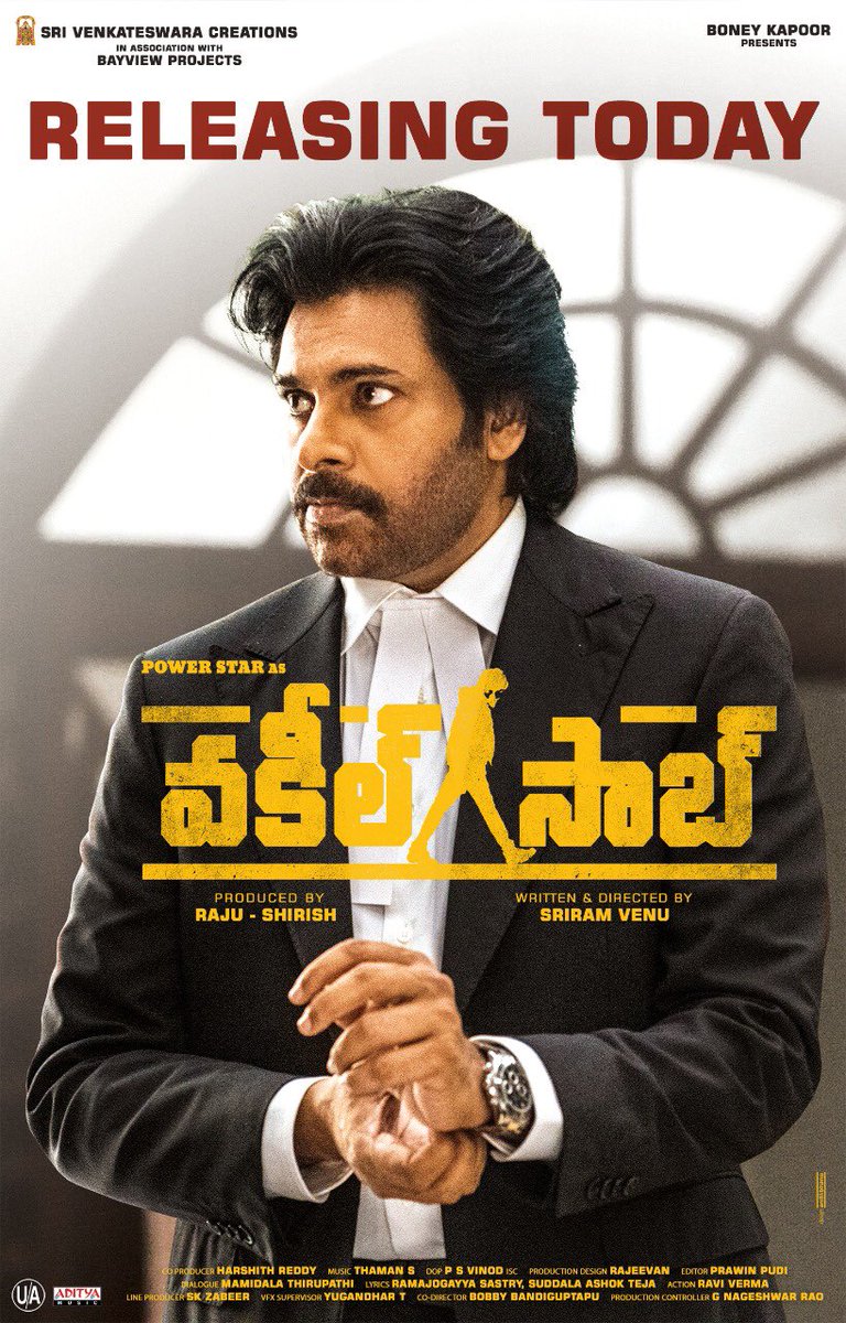 SVC_official's tweet photo. He Arrives For Justice 👨🏻‍⚖️

#VakeelSaab Releasing Today 

@PawanKalyan #SriramVenu @shrutihaasan @i_nivethathomas @yoursanjali @AnanyaNagalla @SVC_official @MusicThaman @bayviewprojoffl @BoneyKapoor @adityamusic

#VakeelSaabInTheatres https://t.co/Zd6cQ6SHYh