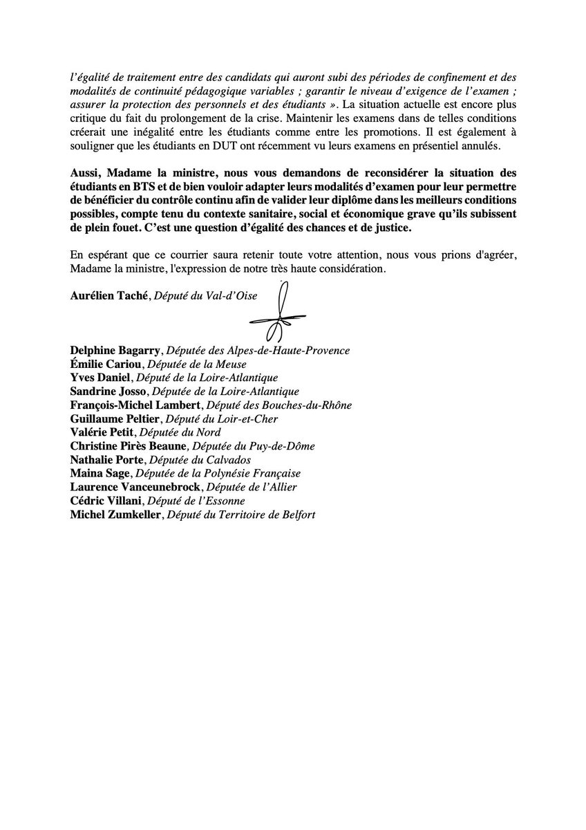 Aurelientache's tweet photo. 🔴#BTSCONTROLECONTINU | Avec 15 députés de tous bords, j’interpelle @VidalFrederique et @jmblanquer ! 

👉🏼Forcer des étudiants à passer des examens en présentiel en pleine pandémie est irresponsable. Le #BTS doit être adapté au contrôle continu. 

Notre courrier⤵️ https://t.co/Guab2Y9Evo