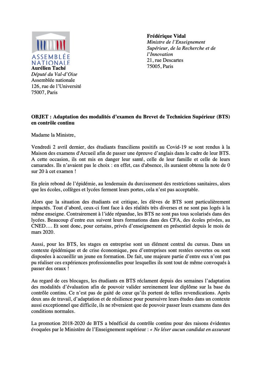 Aurelientache's tweet photo. 🔴#BTSCONTROLECONTINU | Avec 15 députés de tous bords, j’interpelle @VidalFrederique et @jmblanquer ! 

👉🏼Forcer des étudiants à passer des examens en présentiel en pleine pandémie est irresponsable. Le #BTS doit être adapté au contrôle continu. 

Notre courrier⤵️ https://t.co/Guab2Y9Evo