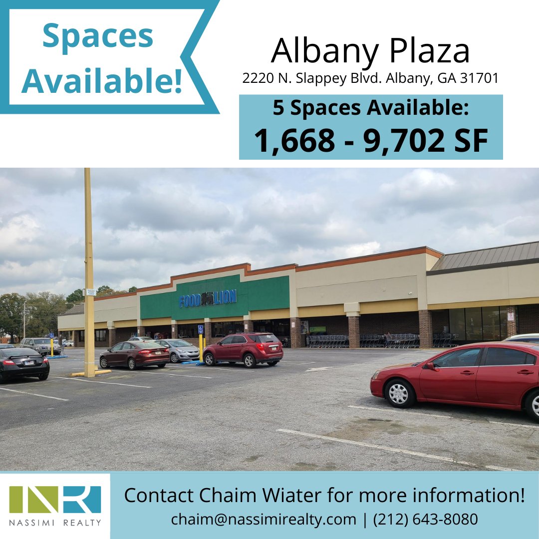 NassimiRealty's tweet photo. ❗️ Spaces Available❗️
📍 2220 N. Slappey Blvd. Albany, GA 31701
➡️ 5 spaces available ranging from 1,668-9,702 SF
➡️ Prominent Tenants: Food Lion (Grocery Anchor), American Freight Furniture, &amp; more!
➡️ GLA: 114,169
Contact Chaim Wiater at chaim@nassimirealty.com | (212) 643-8080 https://t.co/40cnATJCfU