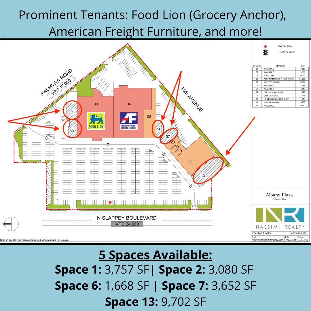 ❗️ Spaces Available❗️
📍 2220 N. Slappey Blvd. Albany, GA 31701
➡️ 5 spaces available ranging from 1,668-9,702 SF
➡️ Prominent Tenants: Food Lion (Grocery Anchor), American Freight Furniture, &amp; more!
➡️ GLA: 114,169
Contact Chaim Wiater at chaim@nassimirealty.com | (212) 643-8080