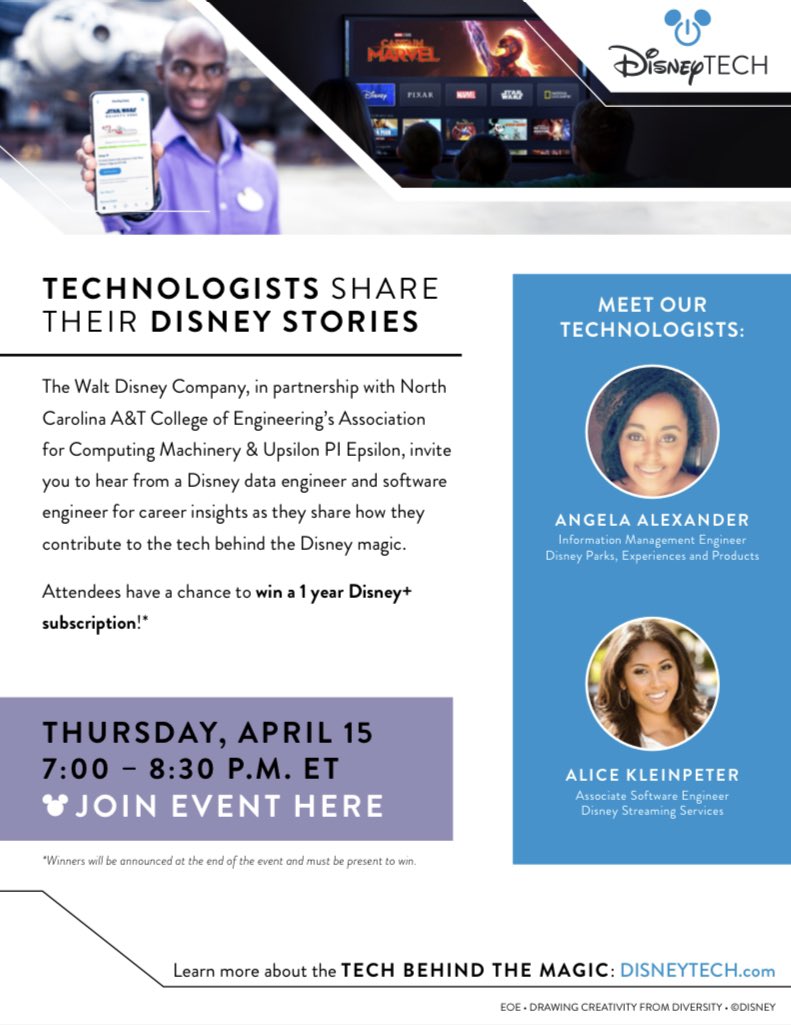 acm_ncat's tweet photo. Hey Aggies! Please join Disney next Thursday April 15, from 7 - 8:30pm EST for a Tech Talk! The link to register is in our bio! https://t.co/HVItHsYfiH