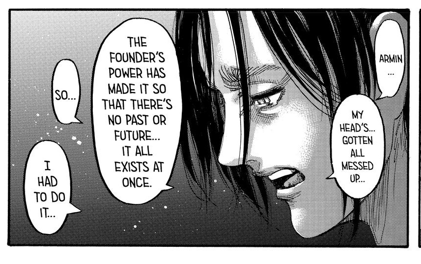 In the end, the rumbling was just something Eren wanted to do (even if he isn't entirely sure why) because his head got messed up by the FT powers, but is cool he can setup his dear friends to stop him because that way he can feel less guilty about it.   #aot139spoilers