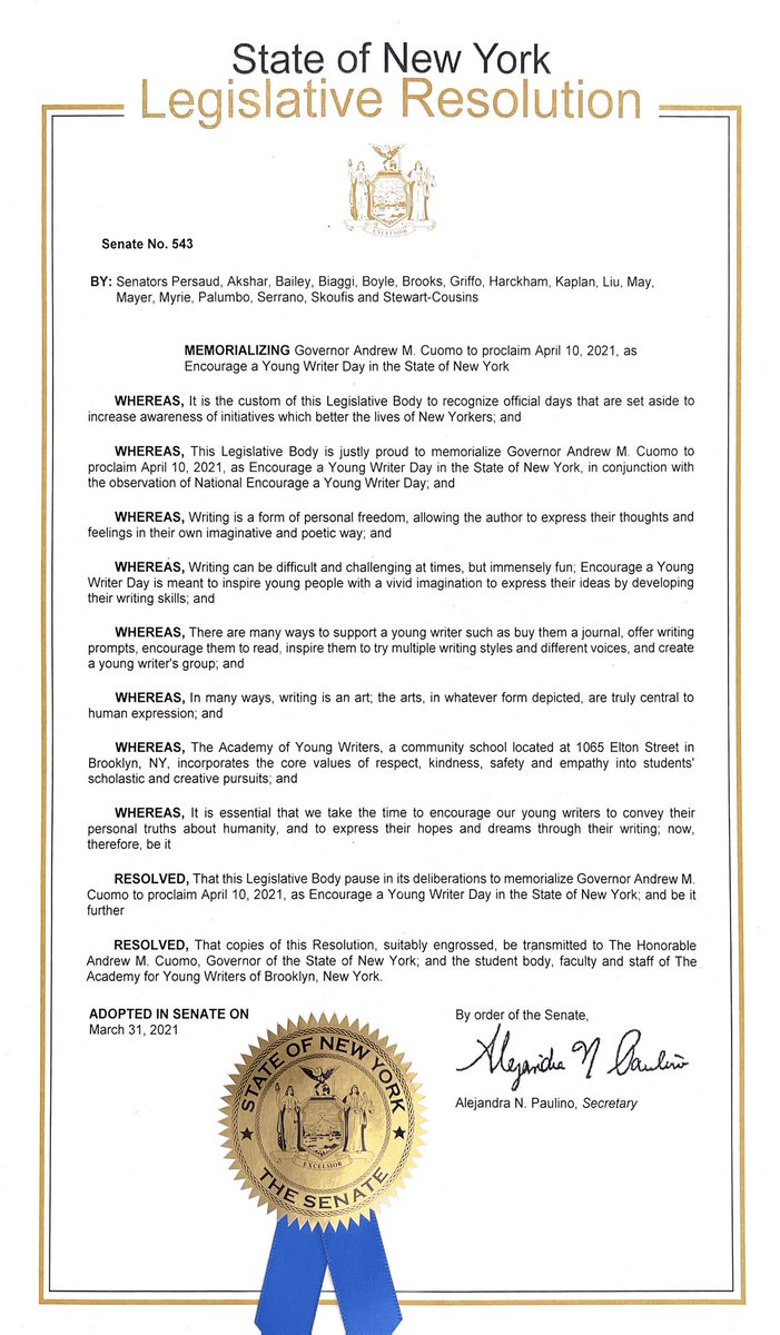 AfYoungWriters's tweet photo. Did you know that this Saturday 4/10 is Encourage a Young Writer Day‽ Thanks @SenatorPersaud for supporting our community, encouraging our Young Writers, and for acknowledging our school.  @BKNHSSuptRoss @DOEChancellor @ExecSuptKWatts https://t.co/mWiurTmgcx