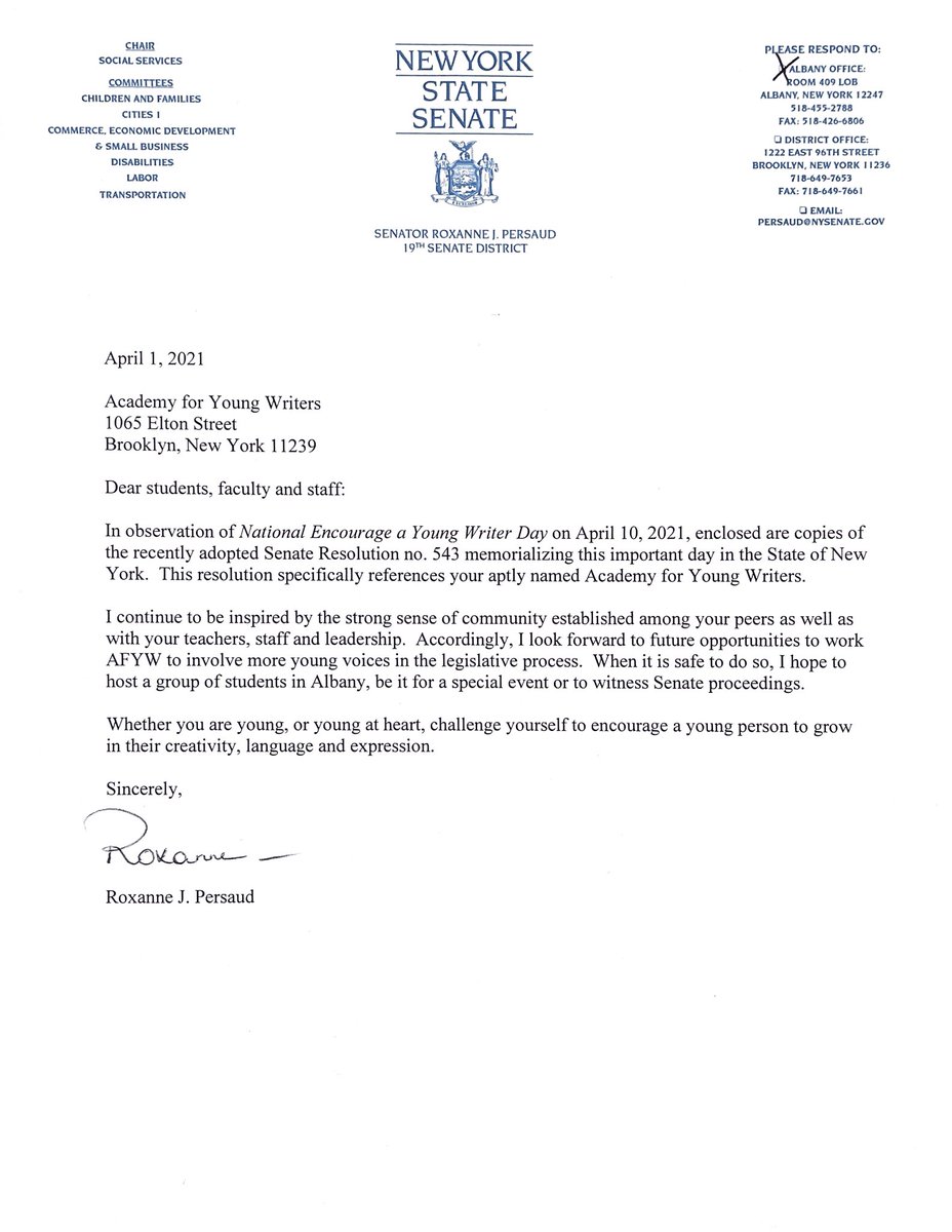 AfYoungWriters's tweet photo. Did you know that this Saturday 4/10 is Encourage a Young Writer Day‽ Thanks @SenatorPersaud for supporting our community, encouraging our Young Writers, and for acknowledging our school.  @BKNHSSuptRoss @DOEChancellor @ExecSuptKWatts https://t.co/mWiurTmgcx
