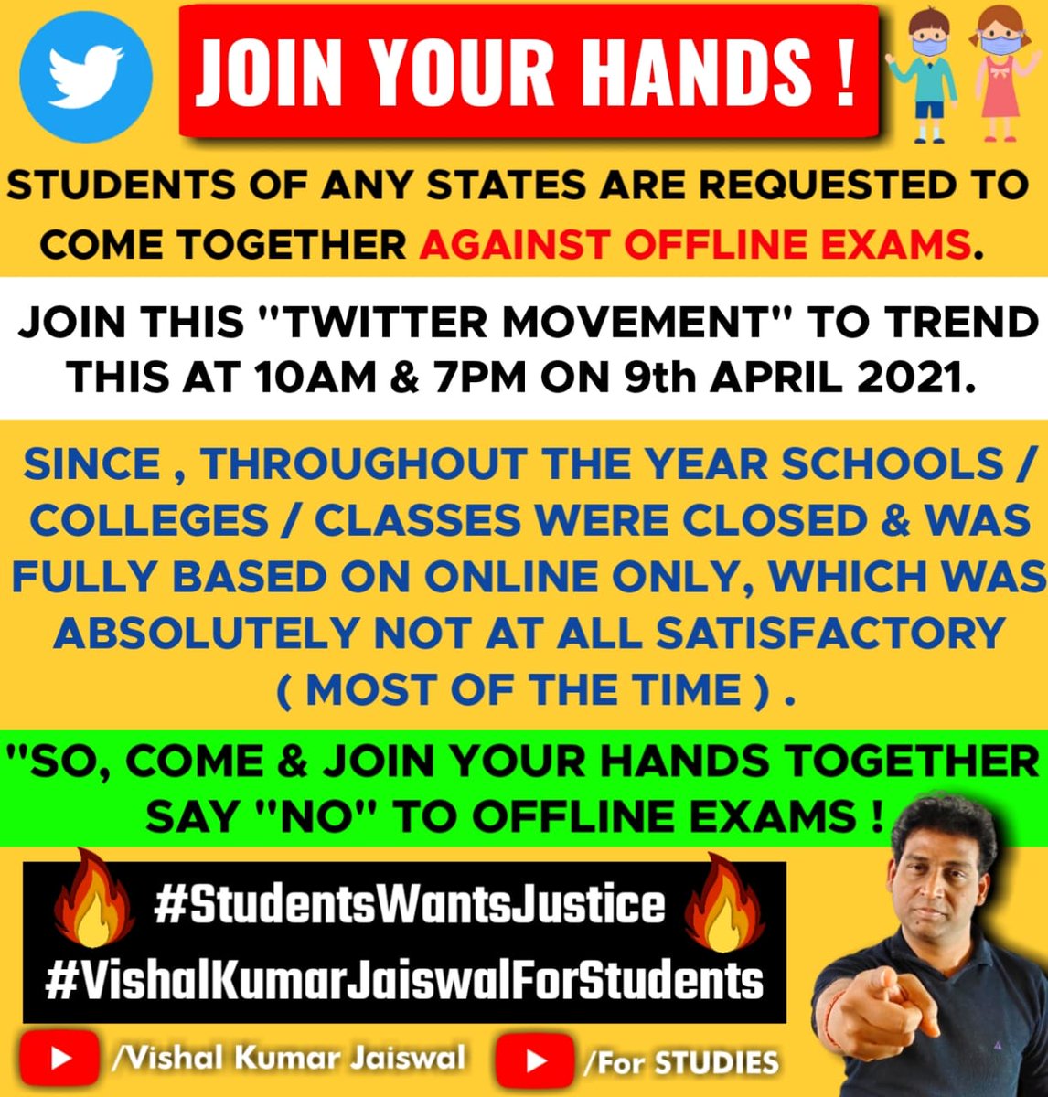 vishalaryav's tweet photo. Join Hands, Unite Together &amp; Tweet in Mass @10 am &amp; @7 pm on 09th April 2021.
Use #StudentsWantsJustice
Don't forget to Tag :
@DrRPNishank 
@PMOIndia &amp; Your State CM. https://t.co/cQiTytOlTk