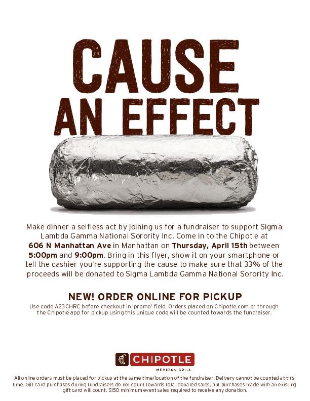 SLGIotaChapter's tweet image. Save the date! Next Thursday, April 15th, we will be having a fundraiser at Chipotle! Just show the flyer or mention it’s for Sigma Lambda Gamma 5pm-9pm