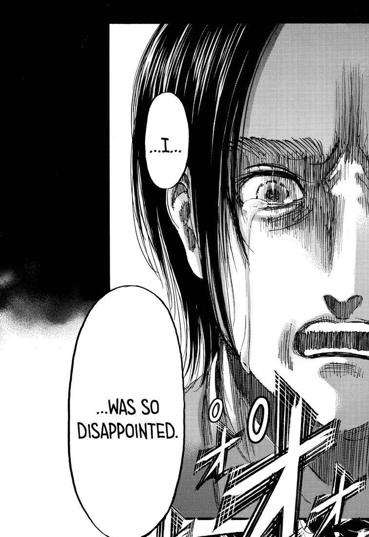 TLDR: To me, the rumbling felt much more compelling in regards to Eren's character before reading this chapter. Now it feels like something he wasn't even sure it was right or wrong but he was gonna do anyway. And he doesn't even fully understands why.  #aot139spoilers