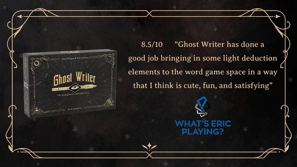 • I don't like videos! Can I read a text review? — Both  @whatseplaying and  @jonathanhliu wrote text reviews of the game!Eric's review:  https://whatsericplaying.com/2021/03/15/ghost-writer/Jonathan's review:  https://geekdad.com/2021/03/kickstarter-tabletop-alert-spooky-spelling-in-ghost-writer/