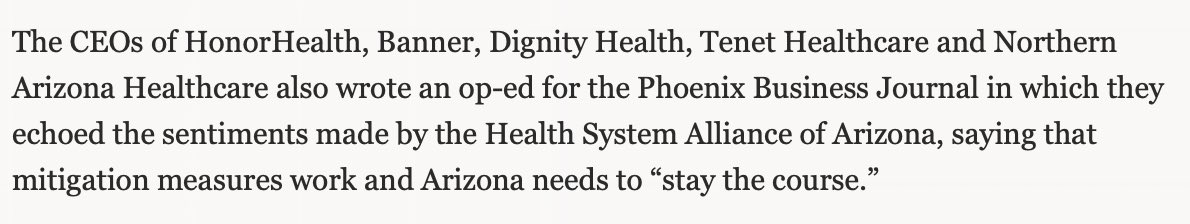 The CEOs of multiple health systems in the state wrote an op-ed saying that mitigation measures work and Arizona needed to “stay the course”