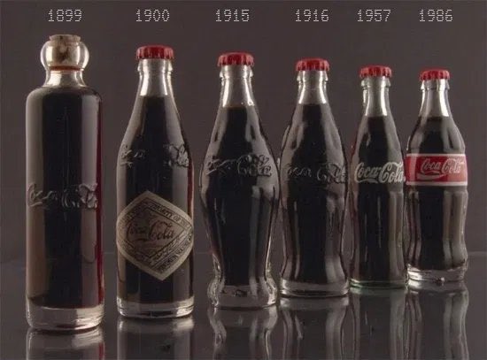 BrianRoemmele's tweet photo. The design of the Coca-Cola bottle from 1899 to 1986.

1915 was the critical innovation. https://t.co/HsPqsk9Eov