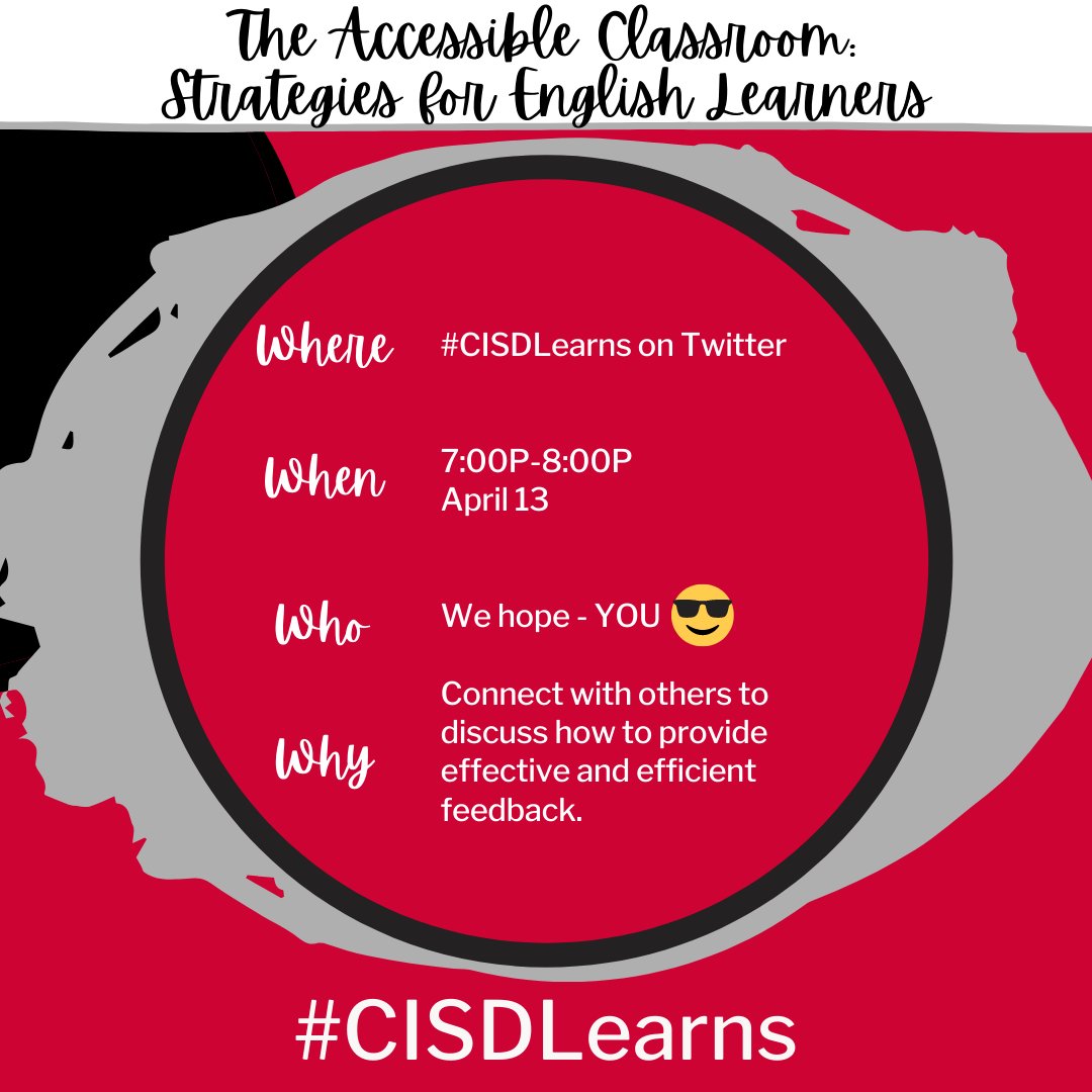 Twitter Chat #5/6 in our Spring series is on deck for Tues., April 13! We will discuss effective strategies for English learners! ⭐️ Please join us and bring a friend or two to share your great ideas and gain some new ones. Retweet if you’ll be there! #CISDLearns