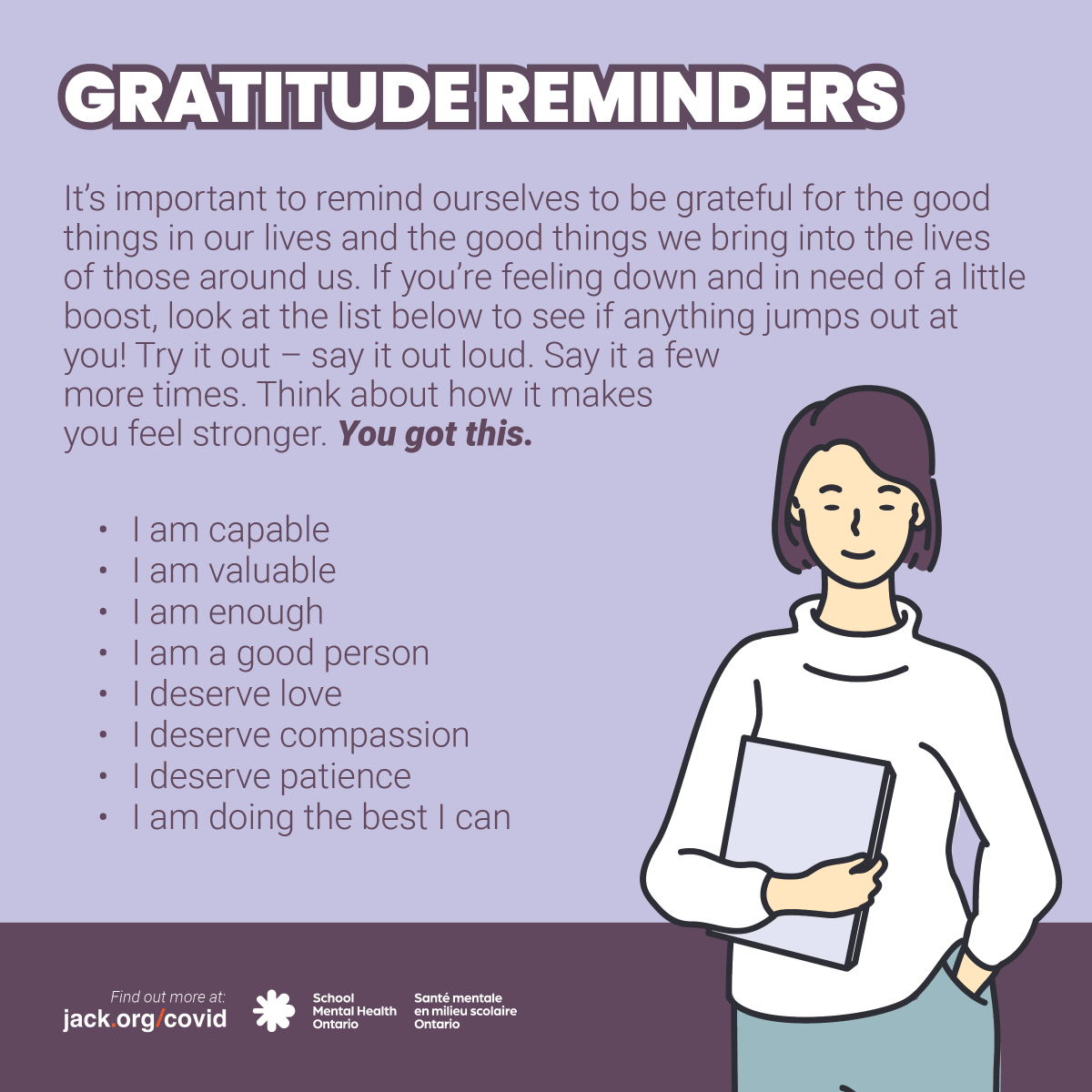 It's been a hard week. Take a moment. Tell yourself that you are amazing. You are doing the best you can in a global pandemic. Say it again.
For more tips on coping with COVID, visit: ow.ly/8FcT50Ek1HJ <a href="/SMHO_SMSO/">School Mental Health Ontario</a> <a href="/jackdotorg/">Jack.org</a> <a href="/OttawaHealth/">Ottawa Public Health</a>