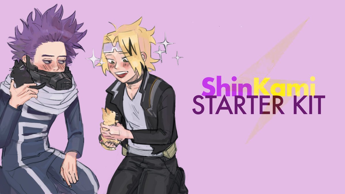 So, you saw the #ShinKami episode in #BNHA season 5 and want to know what this ship is all about? Here are a collection of old and new classic fics (and a list of artists) to get you started! 
💜Header Art by <a href="/a1prazolam/">Thot 🍑🍎🍐</a> 💛