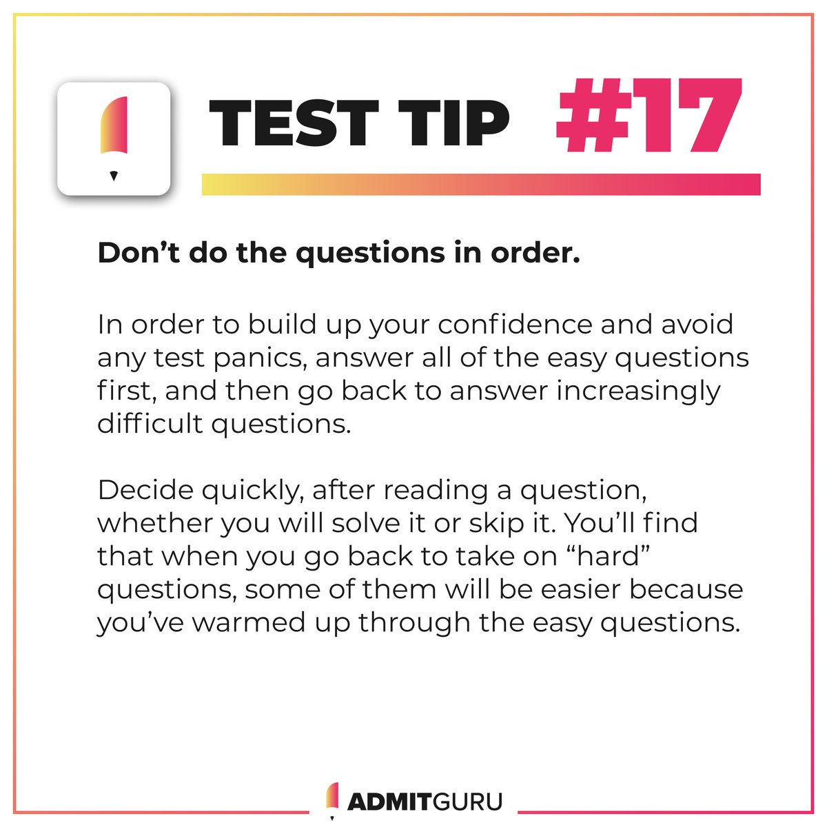 admitguru_'s tweet photo. Do you use this strategy when you take tests? ⁠

#TipThursday #ThursdayMotivation #ThursdayThoughts #ExamPrep #ExamPreparation #Studying 
#StudyingHard https://t.co/1kttKt5X1P