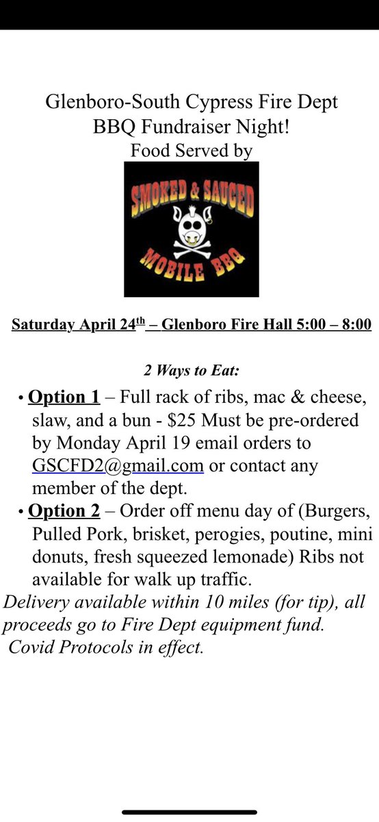 GlenboroFire's tweet photo. 🚨🚨 NEW FUNDRAISER 🚨🚨 
We’re very excited for our next fundraiser - BBQ Night with food by Smoked &amp; Sauced - if you want ribs they must be pre-ordered DM us or send an email to GSCFD2@gmail.com more info here 👇 https://t.co/opq1YAzfhw