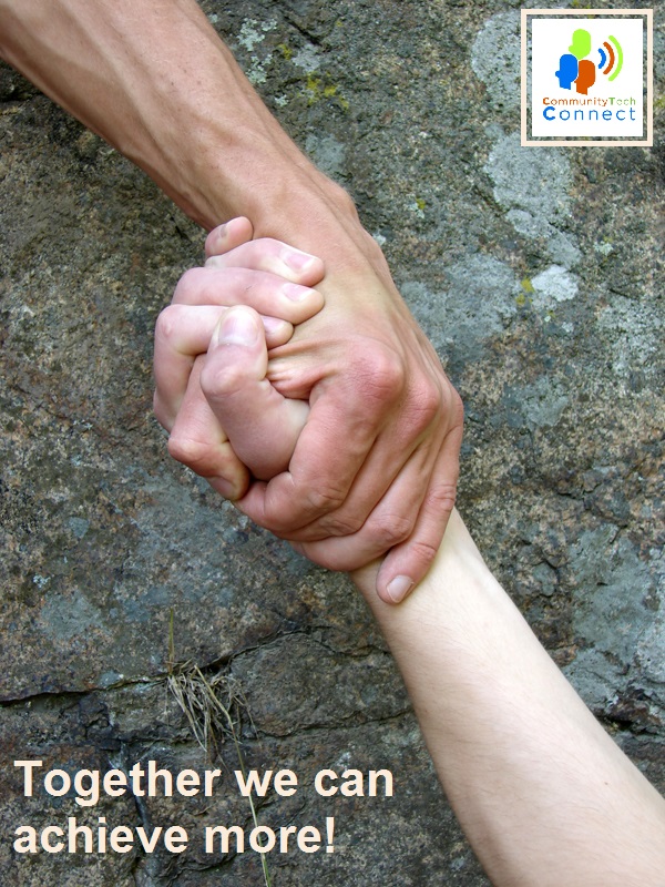 Someone's hand, pulling another person's hand to help lift them up. The text reads "together we can achieve more!"