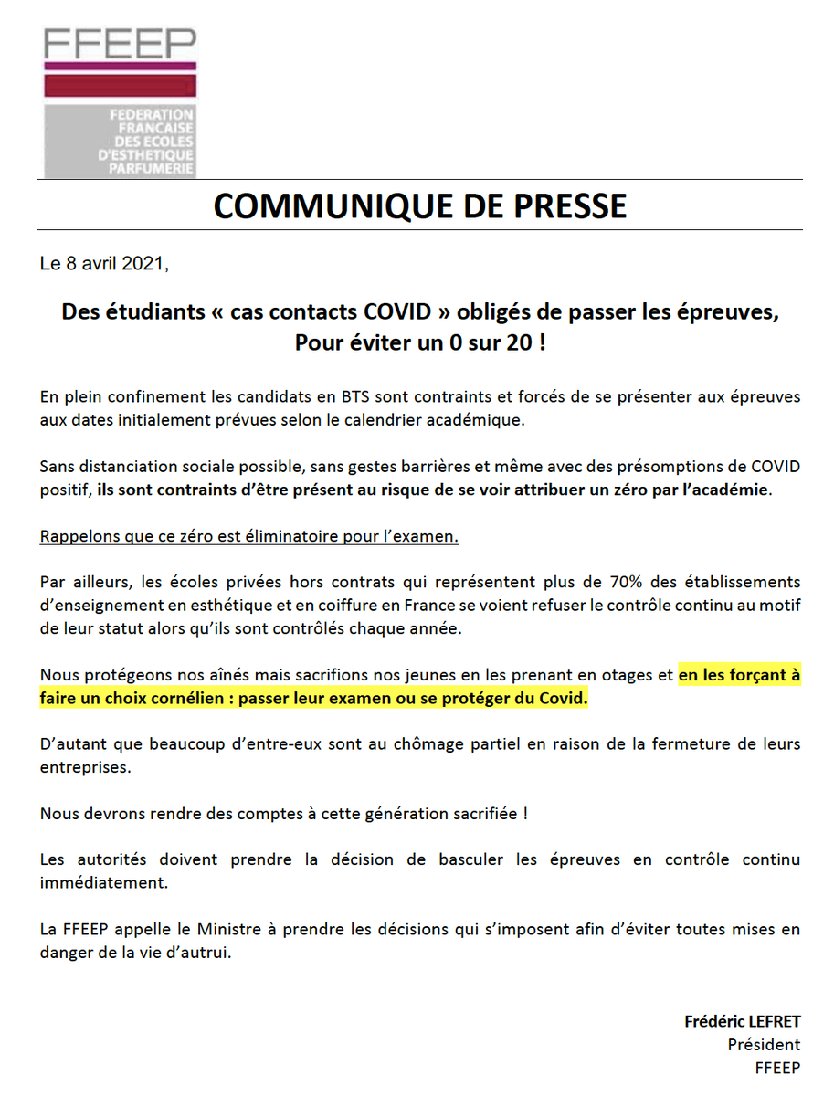 lefret's tweet photo. Des étudiants « cas contacts COVID » obligés de passer les épreuves BTS, pour éviter un 0 sur 20 😱 

La #FFEEP appelle la Ministre à prendre les décisions qui s’imposent afin d’éviter toutes mises en danger de la vie d’autrui.

#BTSCONTROLECONTINU https://t.co/YhlIY9NXbB