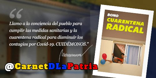 Más de 15 millones de venezolanos recibirán Bono Cuarentena Radical abril 2021 bit.ly/3sVKNCx

#JuntosContraLaCovid19 Carnet de la patria #8Abr
