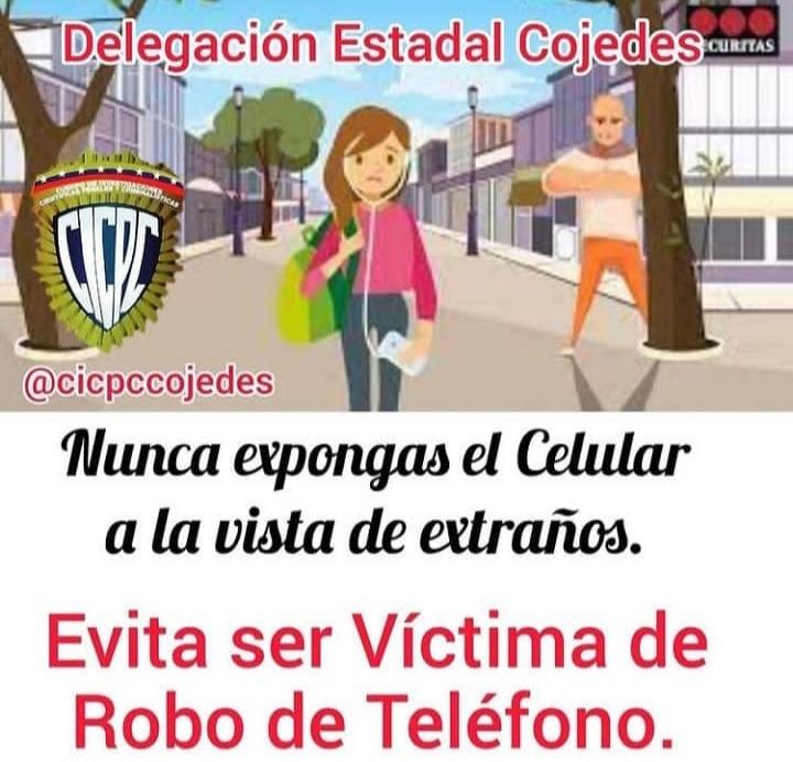 #CicpcCojedes
Nunca expongas el celular a la vista de extraños.

Evita ser víctima de Robo de Celulares.

Prevenir es Tarea de Todos
@douglasricovzla @jsalazarcicpc @mercybracho71 @rediplosllanos 
@prensacicpc @cicpcprevencion 
@andradejonni 
@cicpccojedes
instagram.com/p/CNaIKzxBocR/…