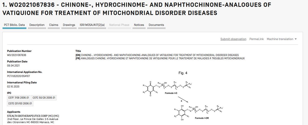 Patent_Grants's tweet photo. $MITO Stealth Biotherapeutics granted International patent number (WO2021067836) titled "CHINONE-, HYDROCHINOME- AND NAPHTHOCHINONE-ANALOGUES OF VATIQUIONE FOR TREATMENT OF MITOCHONDRIAL DISORDER DISEASES" https://t.co/OE4n0bP4ep https://t.co/I9D4CAB5Bk