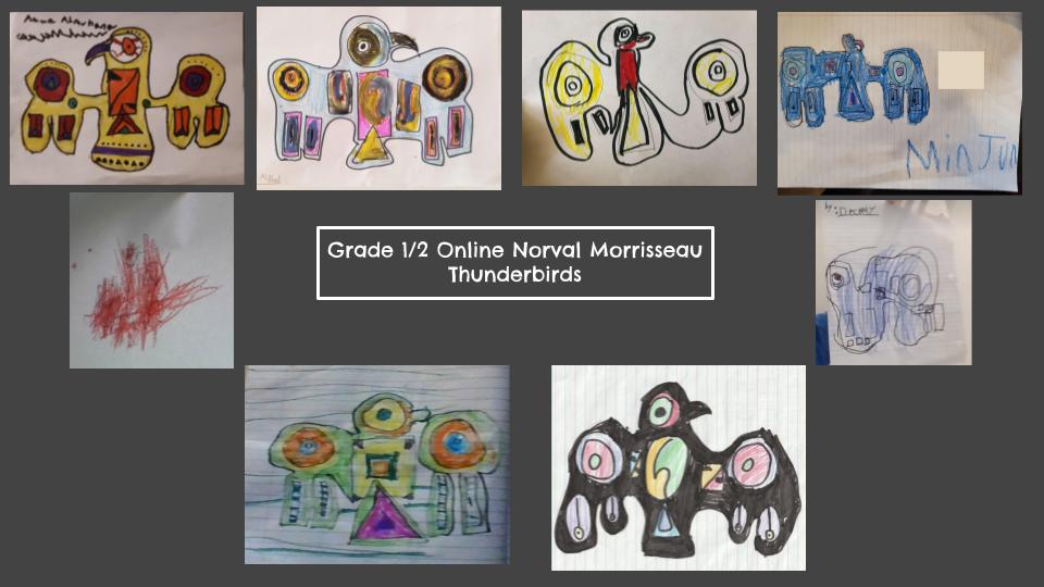 Grade 1/2 online Ss <a href="/DixiePSchool/">Dixie Public School</a> learned about Norval Morriseau's style of art. They used different shapes and colours to create their own Thunderbirds. #littleartists