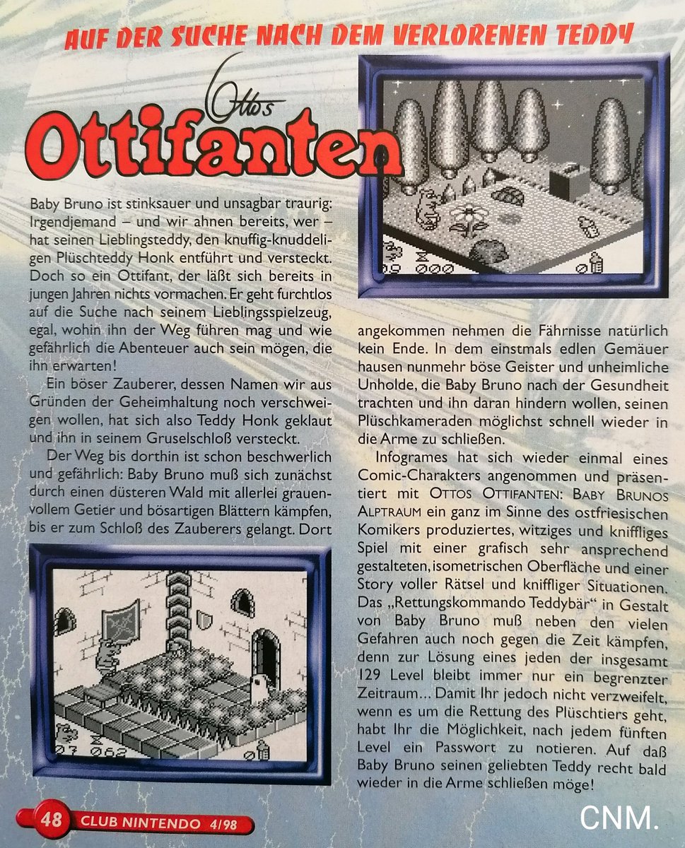 ClubNintendoMem's tweet photo. Das war damals ein ganz schöner Hype um @OTTOausE und die #Ottifanten. Und so gab es natürlich auch ein #GameBoy-Spiel von Infogrames. Ein "ganz im Sinne des ostfriesischen Komikers witziges und kniffliges Spiel", so die #ClubNintendo in Ausgabe August 1998. https://t.co/b7BCy6GZAV