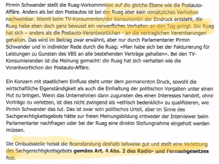 SRF: TV-Sendung #Rundschau vom 10.2.21 verletzt Sachgerechtigkeitsgebot bei Berichterstattung über die RUAG. 

Für schlechten Journalismus trägt niemand die Verantwortung, den Schaden haben ja die anderen. 
Auszug aus der Feststellung der SRF- Ombudsstelle.<a href="/SRF/">SRF</a>