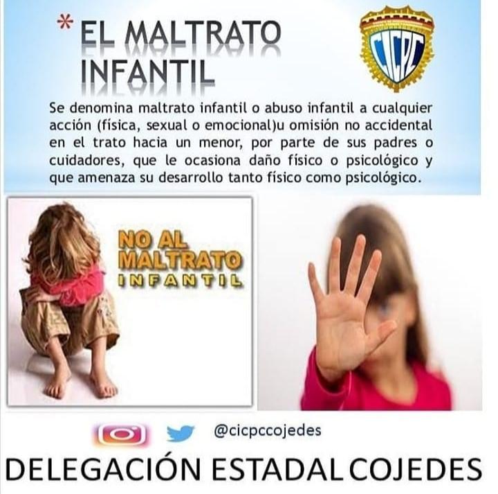 No al Maltrato Infantil.

Se denomina maltrato infantil o abuso infantil cualquier accidental en el trato hacia un menor, por parte de sus padres o cuidadores, que le ocasionan daño físico o psicológico a un niñ@.

#CicpcCojedes
instagram.com/p/CNaJtWGhFg0/…
