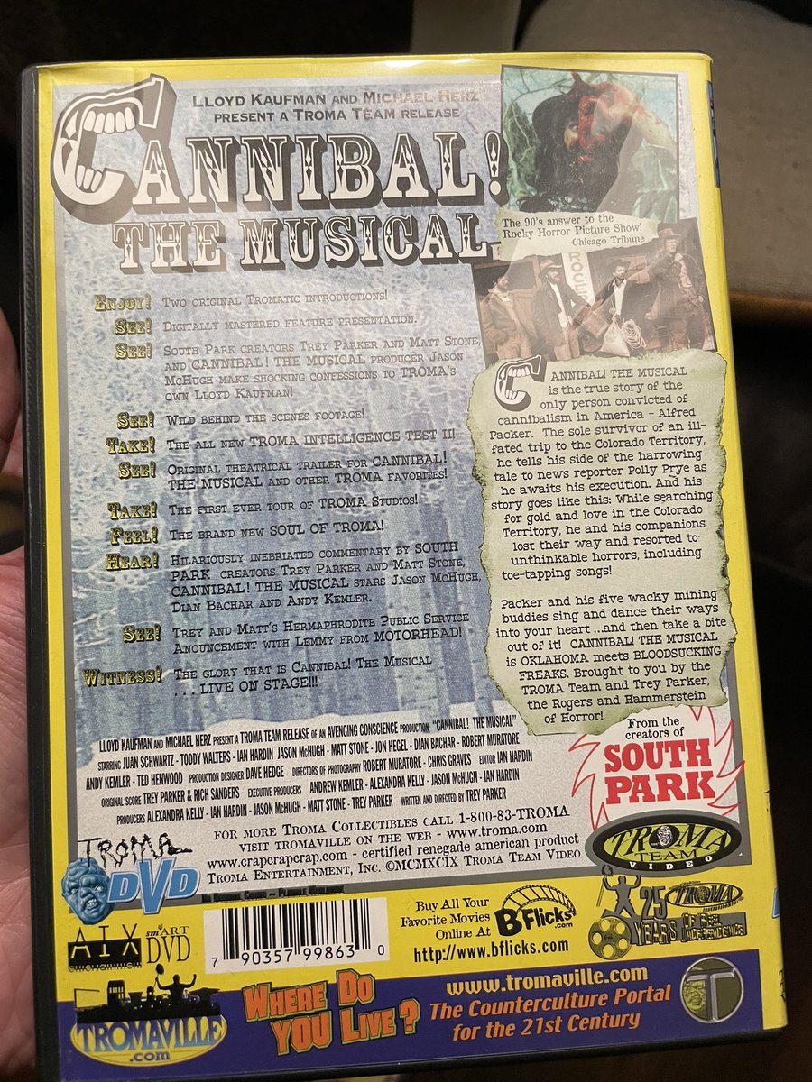 the4kCollectivE's tweet photo. Any fans of this one?? From @Troma_Team Cannibal! The musical from Trey Parker. Such a funny film. “The sky is blue and the leaves are green. The sun’s as warm as a baked potato” #shpadoinkleday #letsbuildasnowman #alfredpackerthemusical https://t.co/vBBtLBWI5J