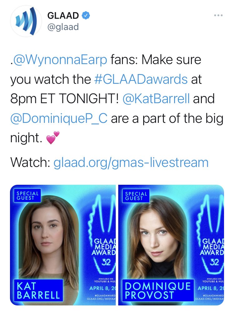 cleekers's tweet photo. Tonight! @KatBarrell and @DominiqueP_C will be appearing on the #GLAADawards at 8pm EST! @glaad https://t.co/j3tUanzh44
#WynonnaEarp  #BringWynonnaHome 

*Dom’s last name was misspelled earlier on their post https://t.co/F1pGv4bj7k